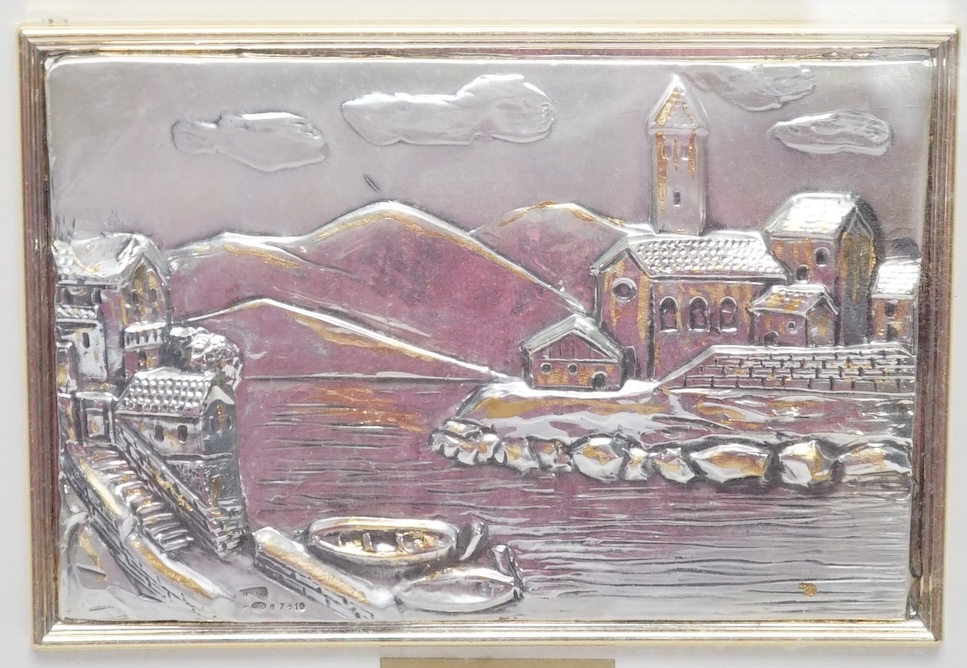 A framed Italian 925 rectangular panel of the Pesaggio landscape in relief, approx. 10.6cm by 15.9cm. Good condition.